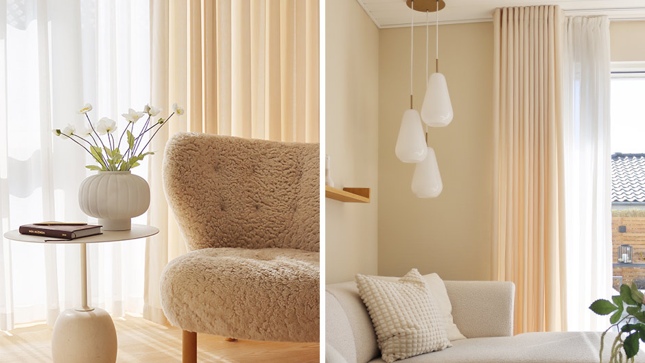 Hvide og beige dobbelt stofgardiner i stuen